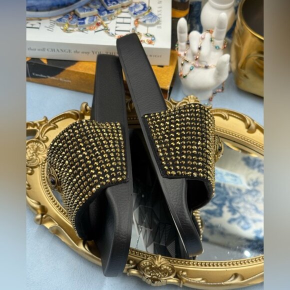🆕 KURT GEIGER LONDON 🧿 NWOB Meena Eagle Black & Gold Studded Slide, Sz 7.5 - Picture 6 of 11